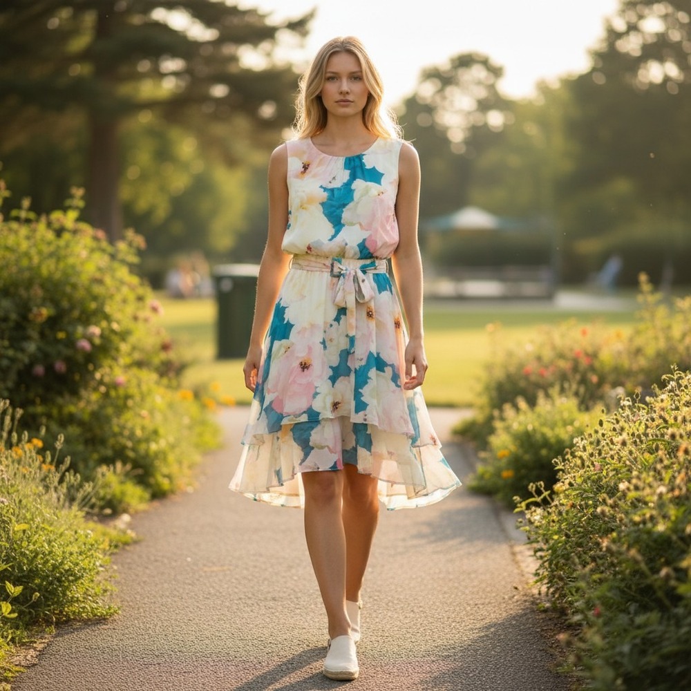 Calvin Klein Floral Cold Shoulder Chiffon Dress Multi Color Size 12 CD8H650K